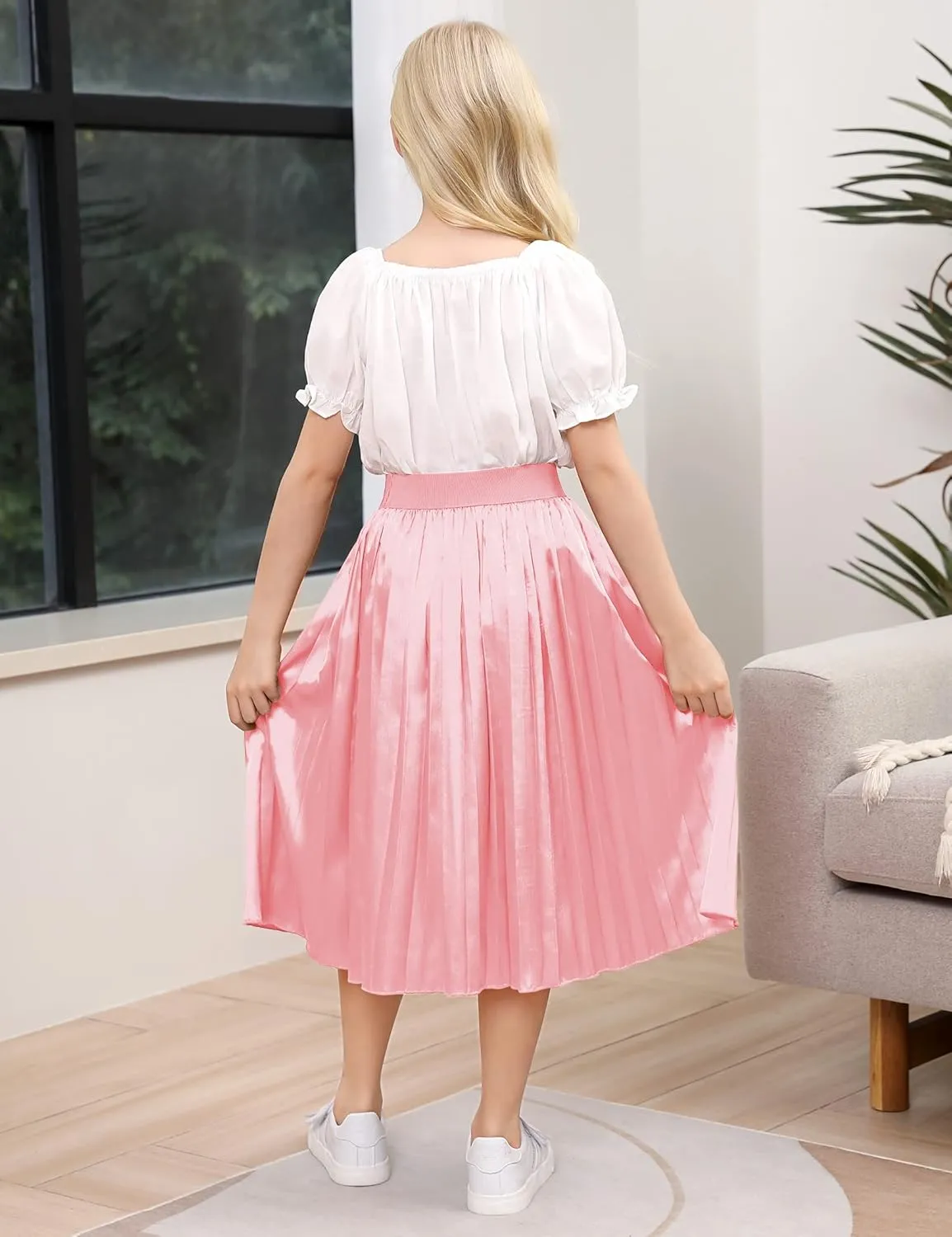 Girls Pleated Midi Skirt Elastic A-line Flared High Waist Swing Metallic Shiny Shimmer 3-12 Years