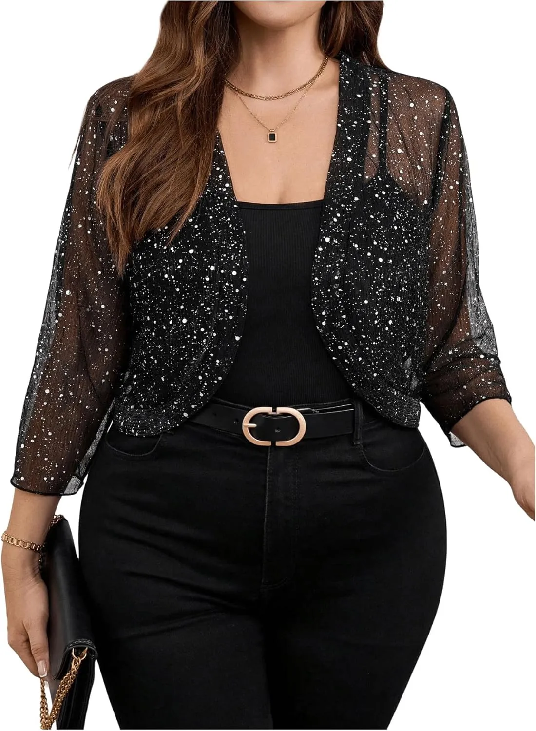 GORGLITTER Women's Plus Size Sheer Shrug Glitter 3/4 Sleeve Party Cropped Mesh Cardigan
