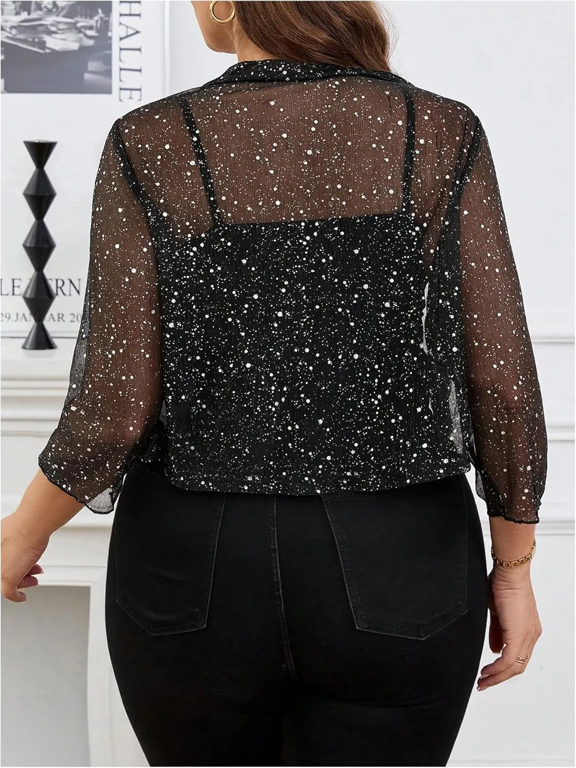 GORGLITTER Women's Plus Size Sheer Shrug Glitter 3/4 Sleeve Party Cropped Mesh Cardigan