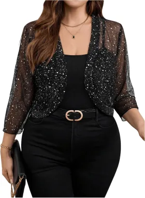 GORGLITTER Women's Plus Size Sheer Shrug Glitter 3/4 Sleeve Party Cropped Mesh Cardigan
