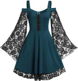 Gothic Vintage Lace Patchwork Dress For Women Plus Size Goth Bandage Ladies Spaghetti Strap Cute Aline Medieval Dresses 2023