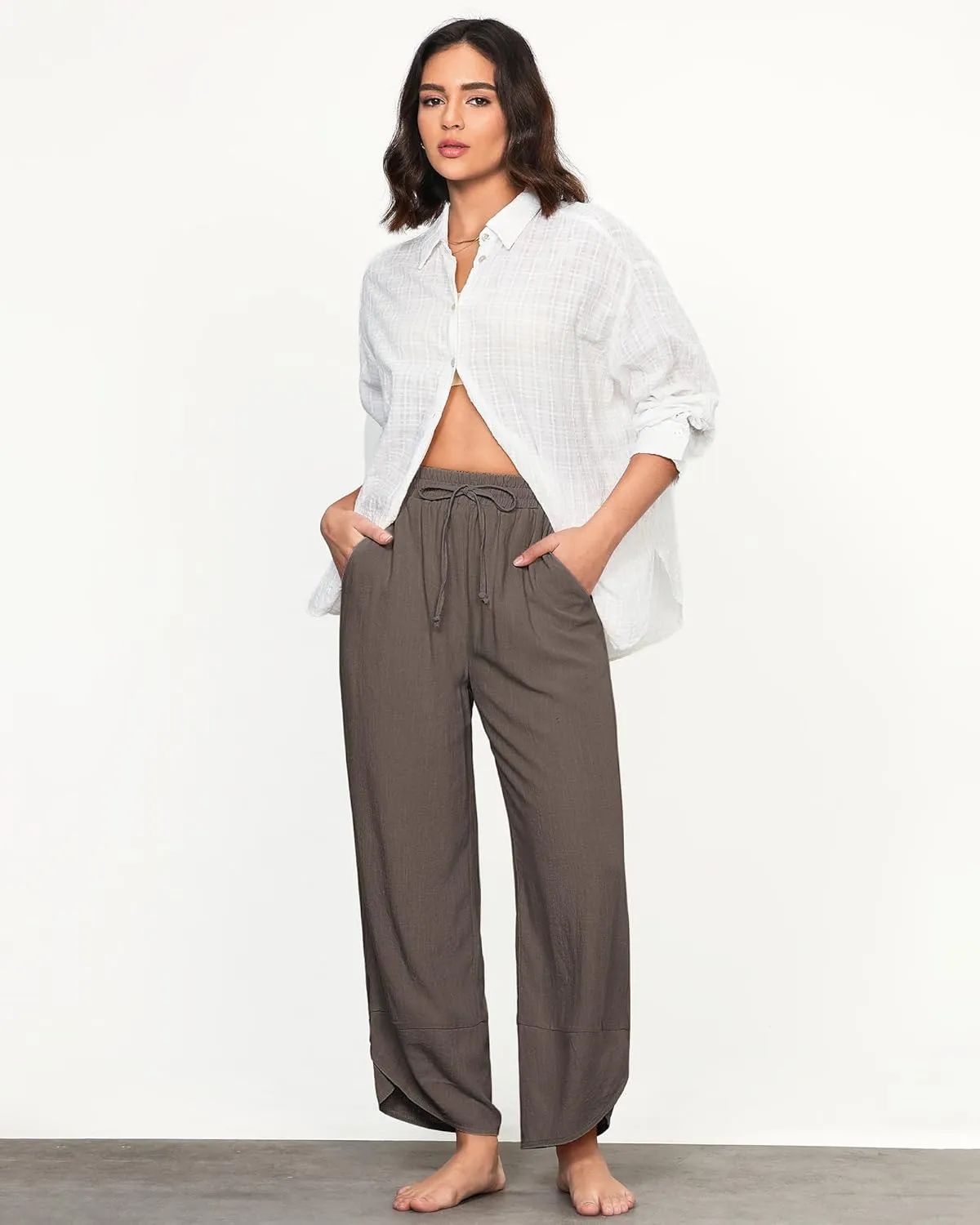 GRAPENT Linen Pants Women High Waisted Wide Leg Casual Beach Pull On Elastic Waist Summer Cropped Pants with Pockets