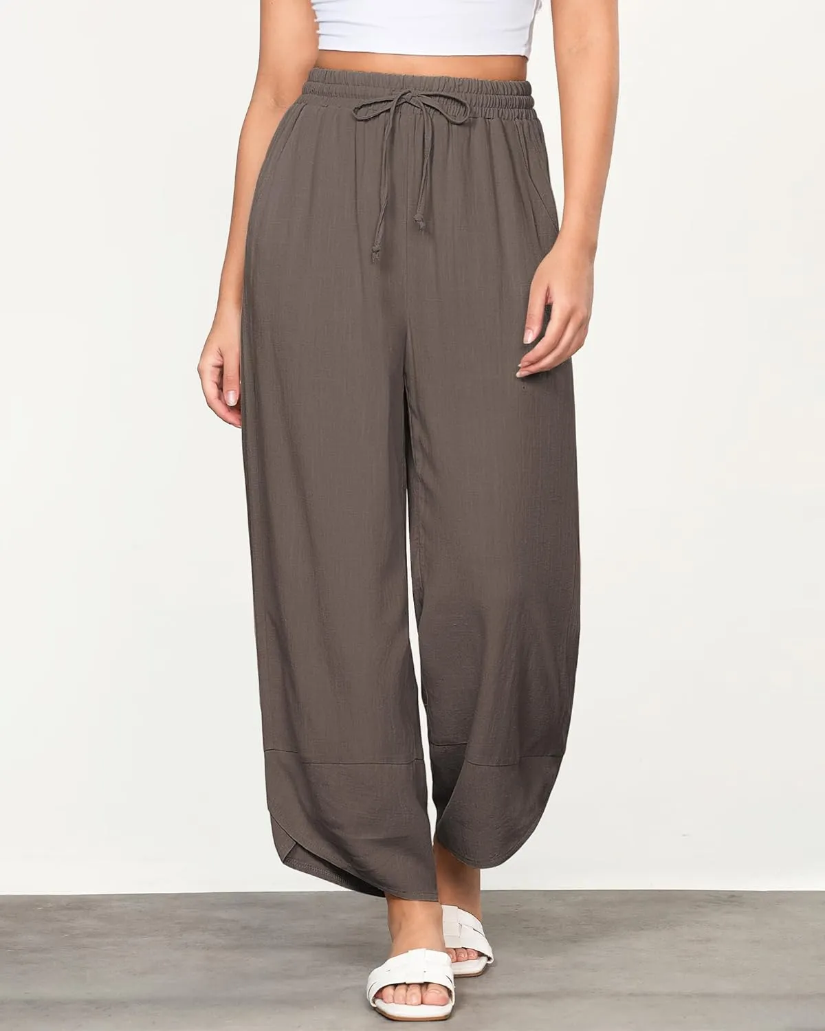 GRAPENT Linen Pants Women High Waisted Wide Leg Casual Beach Pull On Elastic Waist Summer Cropped Pants with Pockets