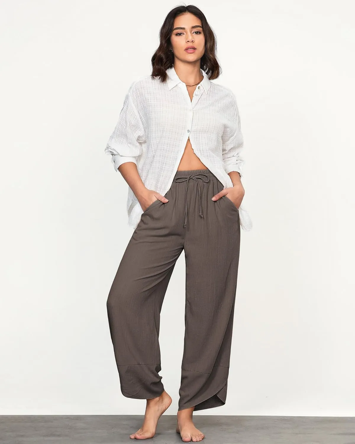 GRAPENT Linen Pants Women High Waisted Wide Leg Casual Beach Pull On Elastic Waist Summer Cropped Pants with Pockets