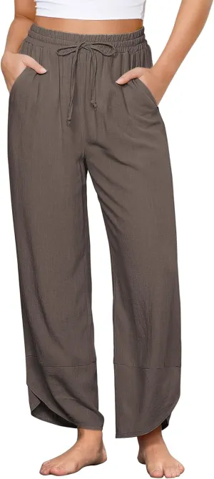 GRAPENT Linen Pants Women High Waisted Wide Leg Casual Beach Pull On Elastic Waist Summer Cropped Pants with Pockets
