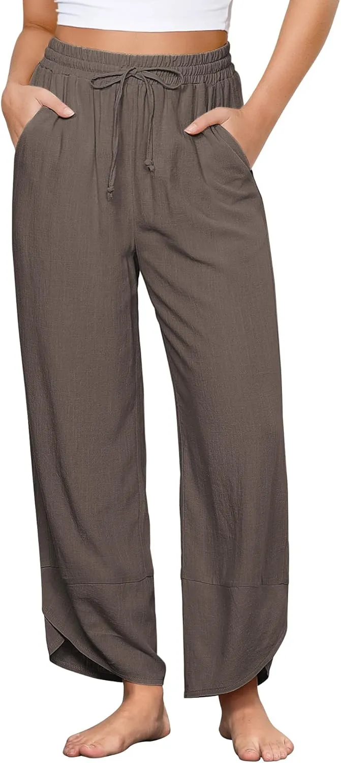 GRAPENT Linen Pants Women High Waisted Wide Leg Casual Beach Pull On Elastic Waist Summer Cropped Pants with Pockets