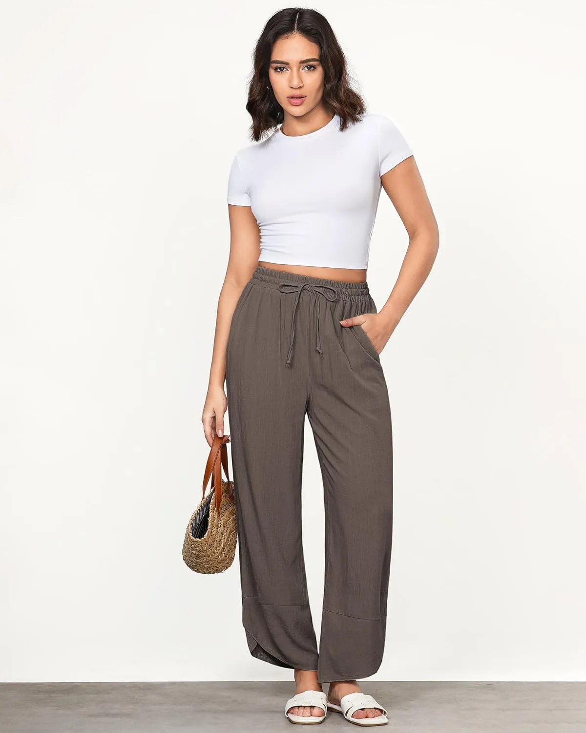 GRAPENT Linen Pants Women High Waisted Wide Leg Casual Beach Pull On Elastic Waist Summer Cropped Pants with Pockets
