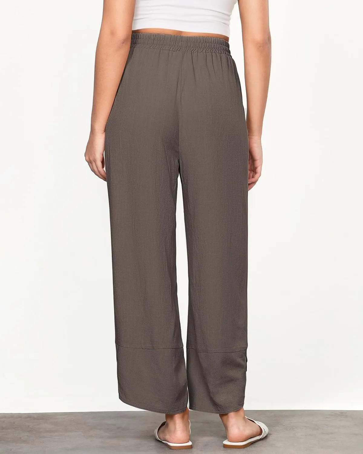 GRAPENT Linen Pants Women High Waisted Wide Leg Casual Beach Pull On Elastic Waist Summer Cropped Pants with Pockets