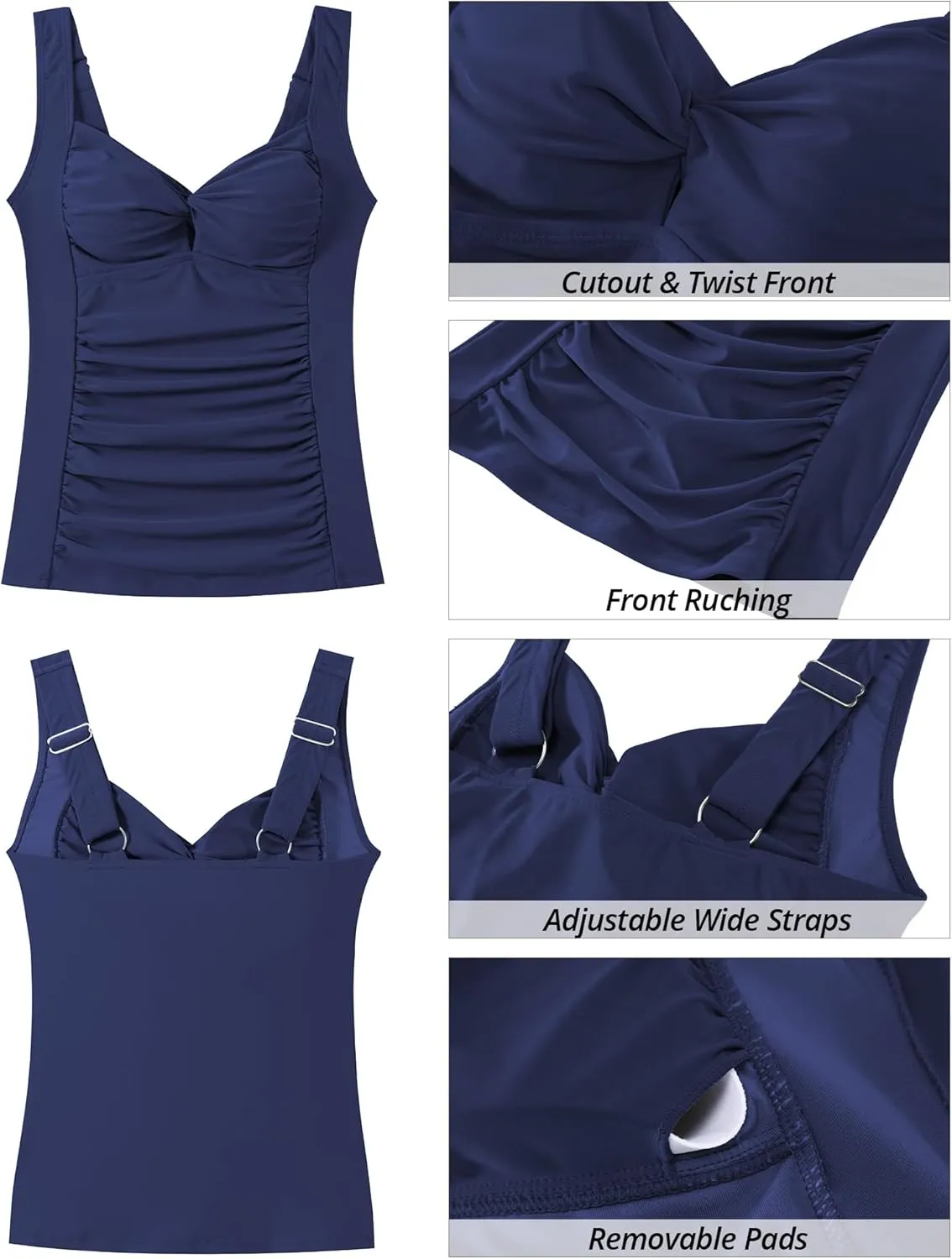 GRAPENT Tankini Tops for Women Twist Front Keyhole Bathing Suits Swim Tankini Swimsuits Padded Ruched Swimwear Top Only