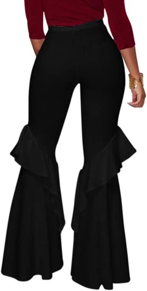 GUOLEZEEV Womens High Waisted Ruffle Flare Fit Pants Solid Color Wide Leg Trousers