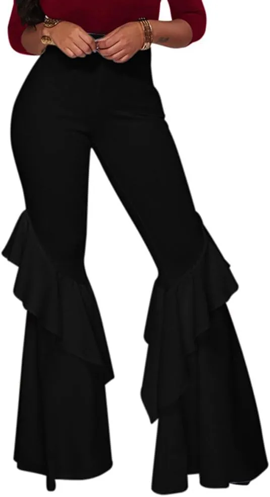 GUOLEZEEV Womens High Waisted Ruffle Flare Fit Pants Solid Color Wide Leg Trousers