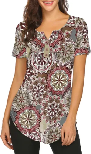 Halife Women's Floral Printed Short Sleeve Henley V Neck T-Shirt Pleated Casual Flowy Tunic Blouse Tops