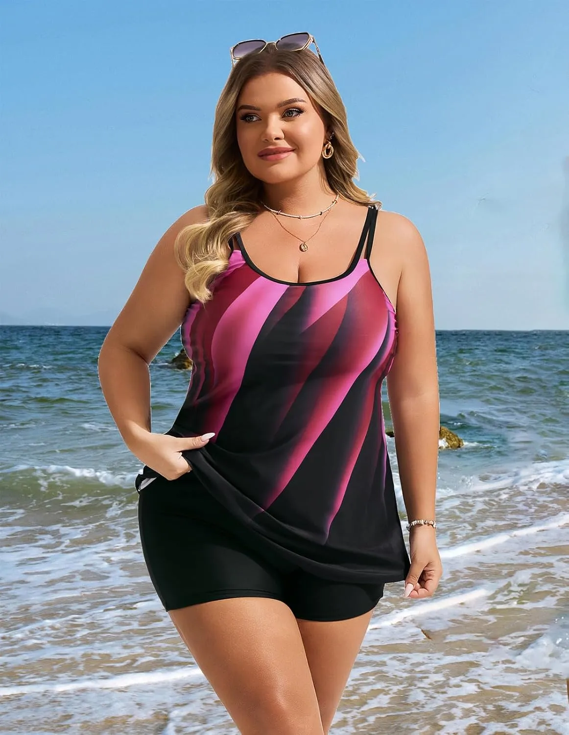 Hanna Nikole Womens Plus Size Tankini Swimsuit Two Piece Bathing Suits Flowy Swim Tops with Boy Shorts