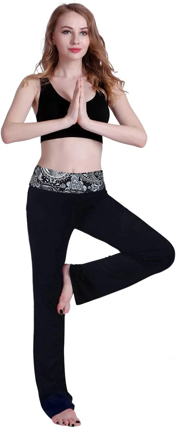 HDE Women's Color Block Fold Over Waist Yoga Pants Flare Leg Workout Leggings