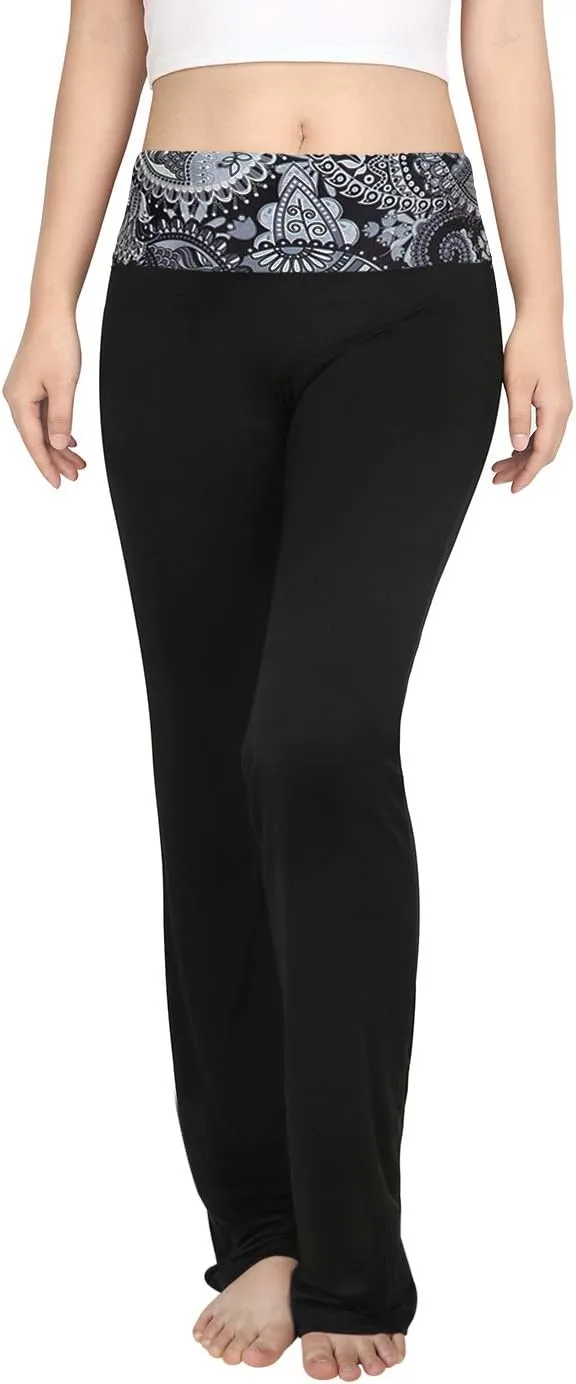 HDE Women's Color Block Fold Over Waist Yoga Pants Flare Leg Workout Leggings