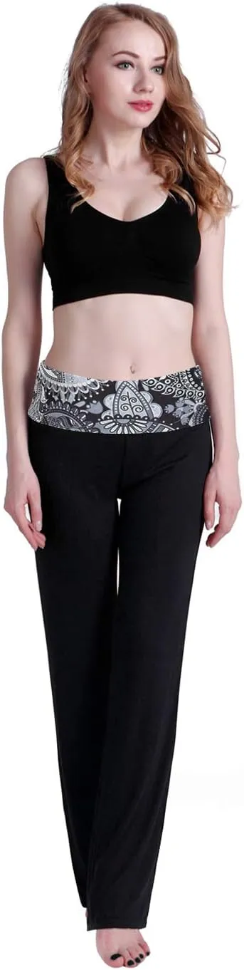 HDE Women's Color Block Fold Over Waist Yoga Pants Flare Leg Workout Leggings