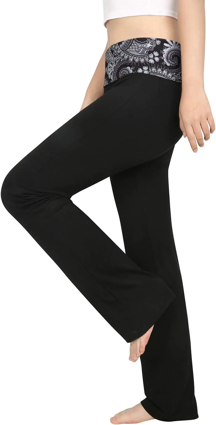 HDE Women's Color Block Fold Over Waist Yoga Pants Flare Leg Workout Leggings