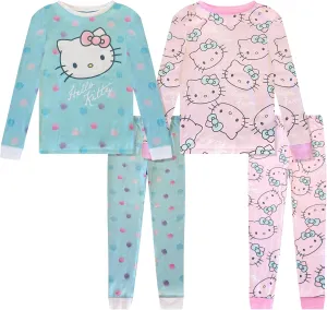 Hello Kitty 4 Piece Pajama Set - Toddler Girls PJ Set with Long Sleeve Shirt & Pants - Kids Sleepwear Set - Official License