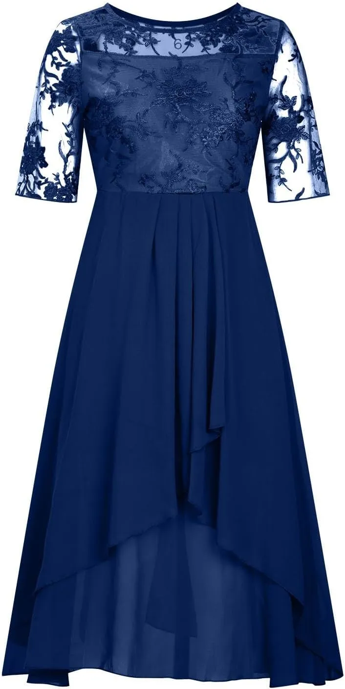 HGps8w Wedding Guests Dresses for Women Half Sleeve Elegant Lace Chiffon Flowy Dress Formal Evening Party Prom Gown