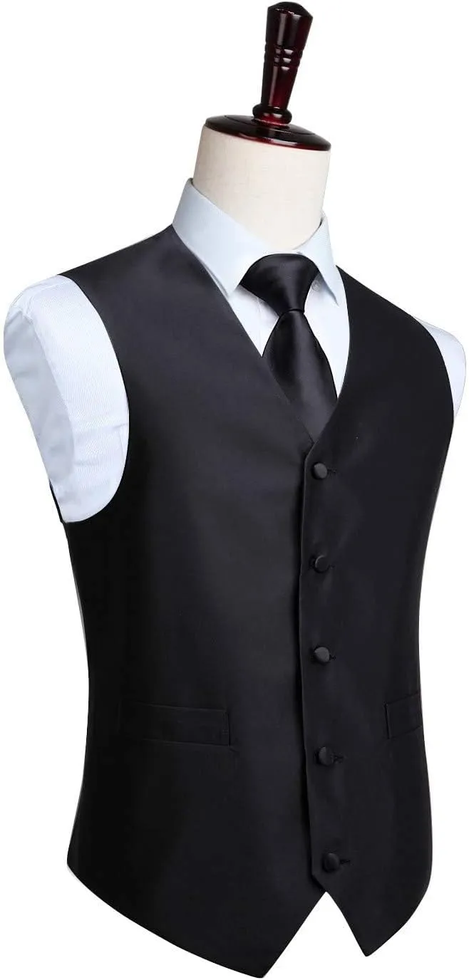 HISDERN 3PC Men's Paisley Floral Jacquard Suit Vest & Necktie and Pocket Square Formal Waistcoat for Tuxedo Wedding Party