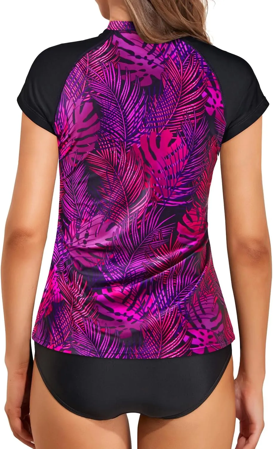 Holipick Two Piece Short Sleeved Rash Guard Cap Sleeve Bathing Suit Zipper Swimsuit Bulid in Bra Swim Shirt Women