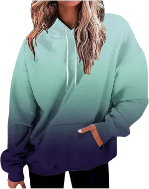 Hoodies For Womens Gradient Print Oversized Sweatshirt Drawstring Pullover With Pocket Trendy Cute Tops for Women Summer