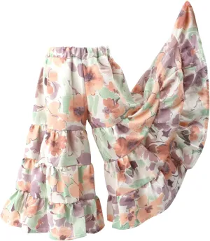 HOOLCHEAN Toddler Little Girls Wide Leg Seersucker Floral Pants Loose Fit Large Hem