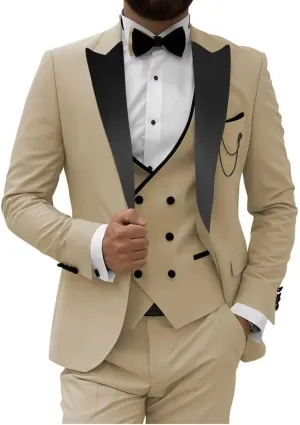 HUUTOE Men's 3 Piece Slim Fit Prom Suits Black Tuxedos for Men 2025 Double Breasted Suit Men Homecoming Wedding Suit Tux