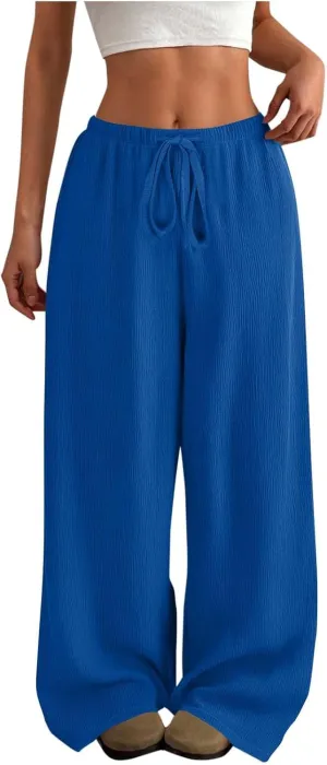 Hvyesh Casual Palazzo Pants for Women Baggy Wide Leg Summer Long Womens Trousers High Waisted Drawstring