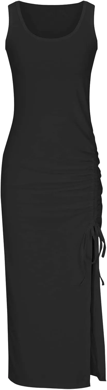Hvyesh Womens Summer Bodycon Tank Dresses 2024 Sleeveless High Waist Ribbed Long Dress Drawstring Ruched Sexy High Slit Dress