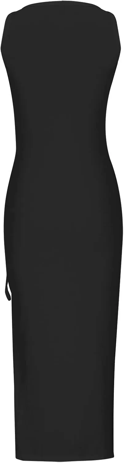 Hvyesh Womens Summer Bodycon Tank Dresses 2024 Sleeveless High Waist Ribbed Long Dress Drawstring Ruched Sexy High Slit Dress