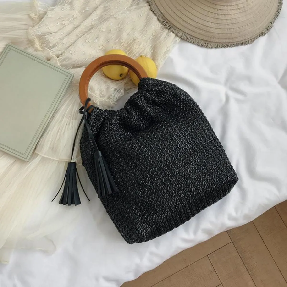 IAMUHI Women Handwoven Straw Tote Handbag Crochet Tassel Beach Bohemian Evening Clutch Purse with Wooden Handle
