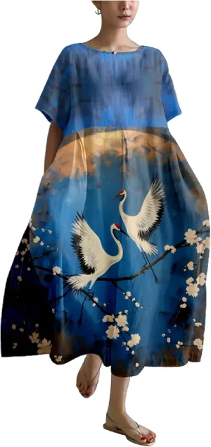 Japanese Art Womens Boho Summer Dresses Oversized Loose T Shirt Dress Elegant Crew Neck Short Sleeve Midi Dress