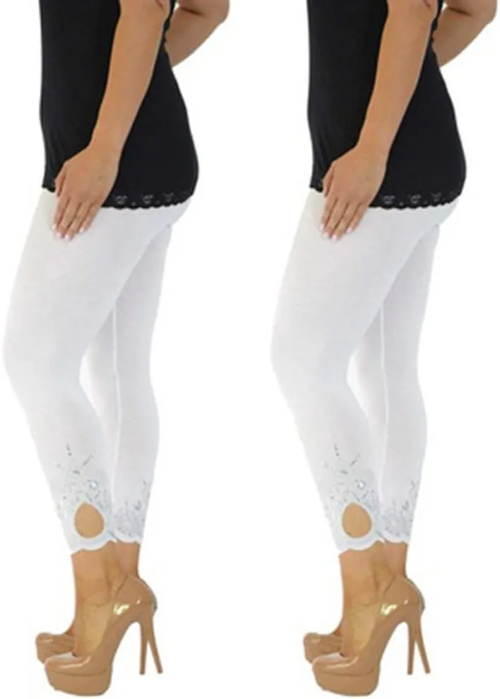JOFOW Womens Leggings Solid Basic Lace Cuff High Waist Stretch Long Yoga Pants
