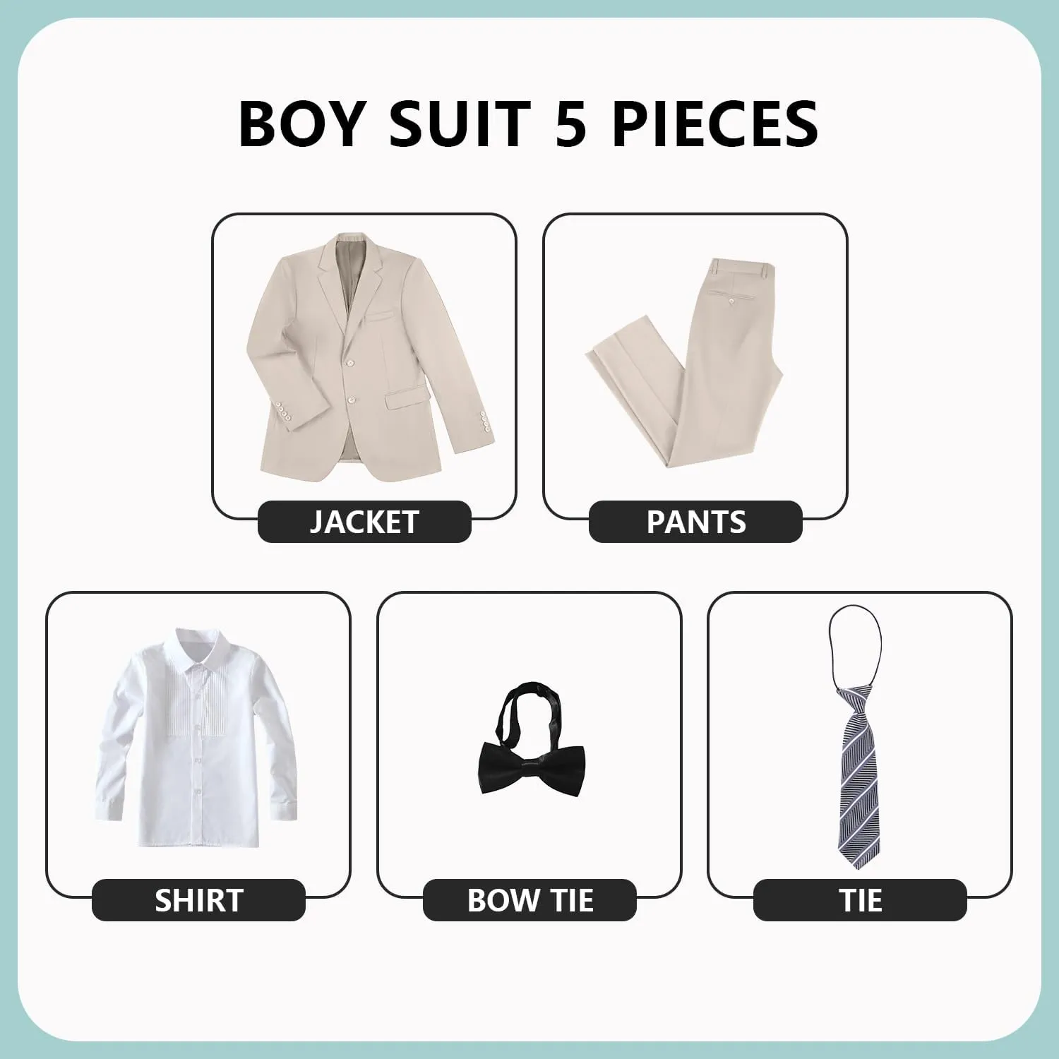 JPF Boys Formal Suits Slim Fit 5 Piece Kids Suit Jacket Pants Set with Dress Shirt and Tie for Wedding Prom