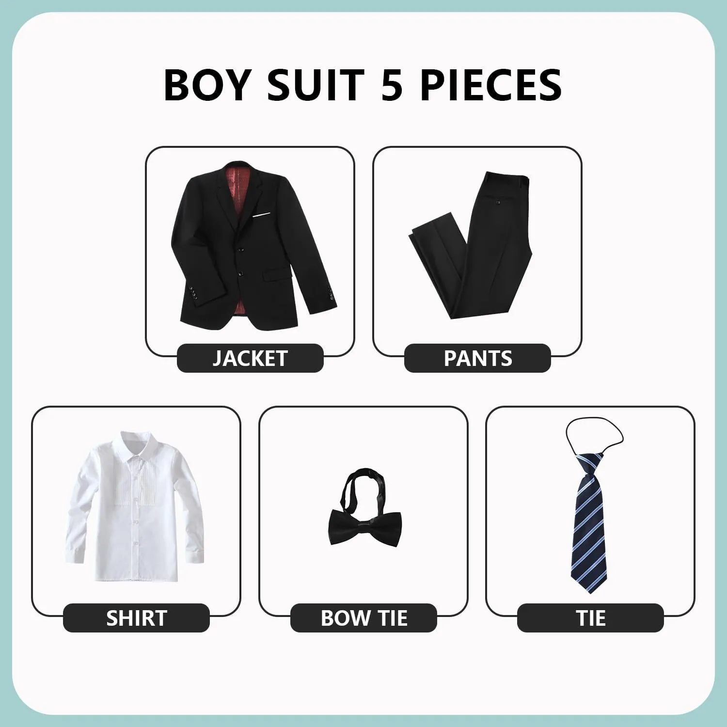 JPF Boys Formal Suits Slim Fit 5 Piece Kids Suit Jacket Pants Set with Dress Shirt and Tie for Wedding Prom