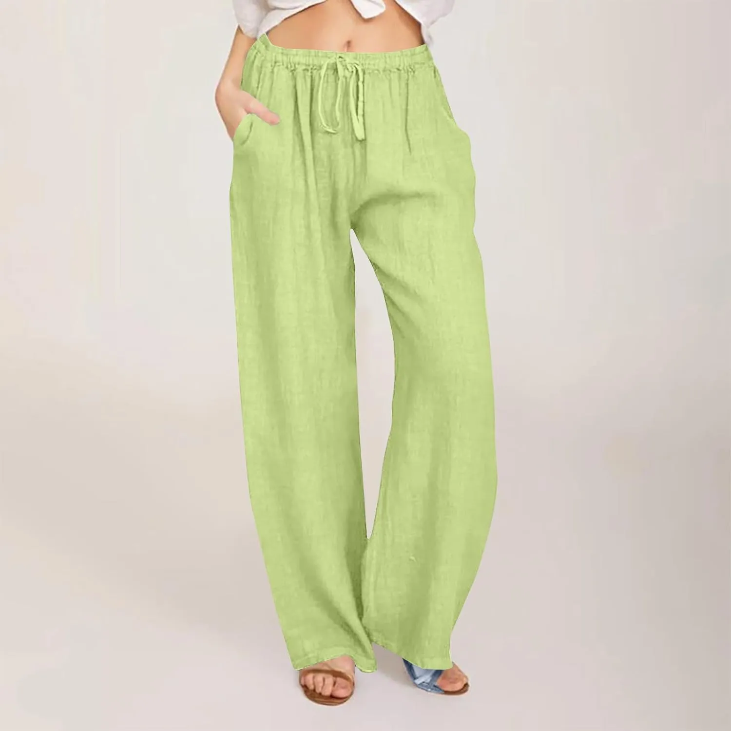 jsaierl Women Linen Wide Leg Pants Summer Loose Flowy Palazzo Pants Drawstring High Waisted Beach Pants Trousers with Pockets