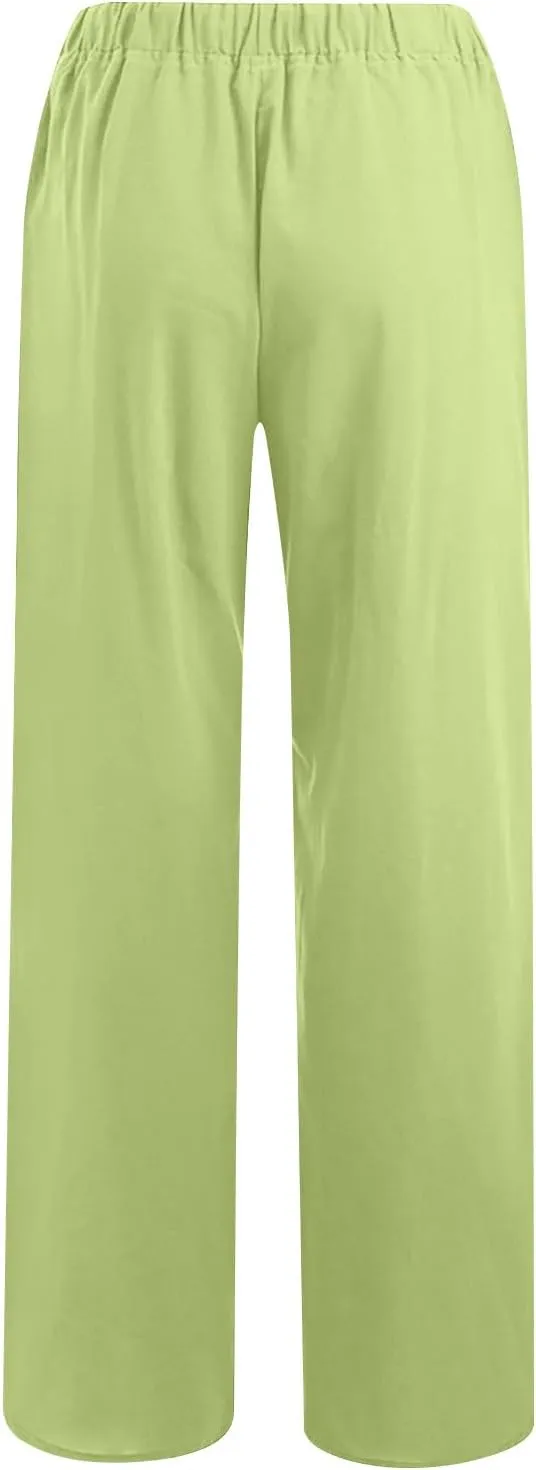 jsaierl Women Linen Wide Leg Pants Summer Loose Flowy Palazzo Pants Drawstring High Waisted Beach Pants Trousers with Pockets