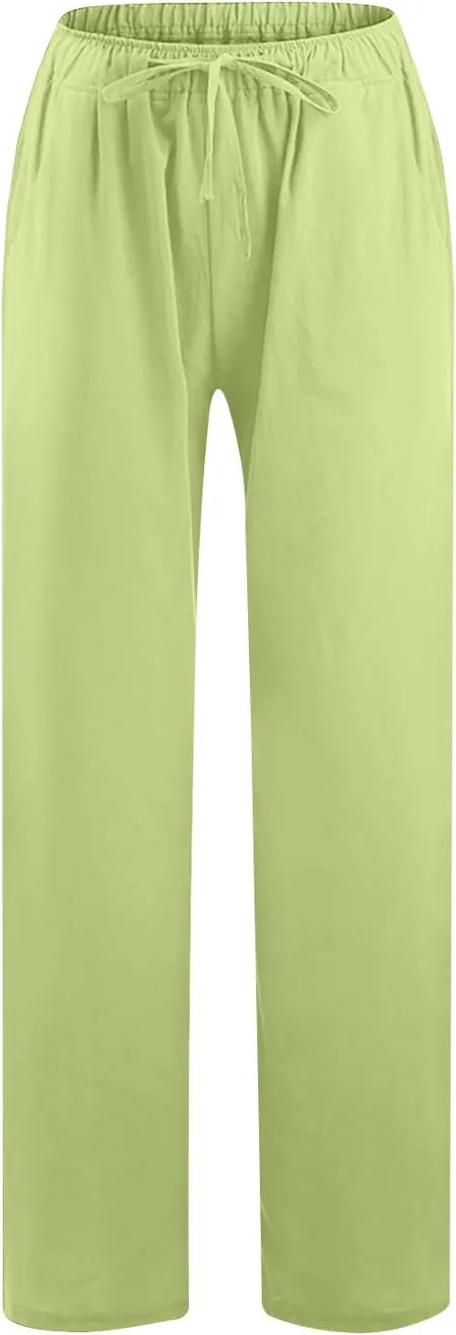 jsaierl Women Linen Wide Leg Pants Summer Loose Flowy Palazzo Pants Drawstring High Waisted Beach Pants Trousers with Pockets