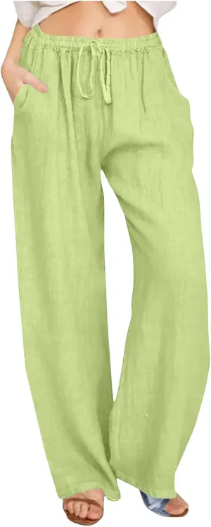 jsaierl Women Linen Wide Leg Pants Summer Loose Flowy Palazzo Pants Drawstring High Waisted Beach Pants Trousers with Pockets