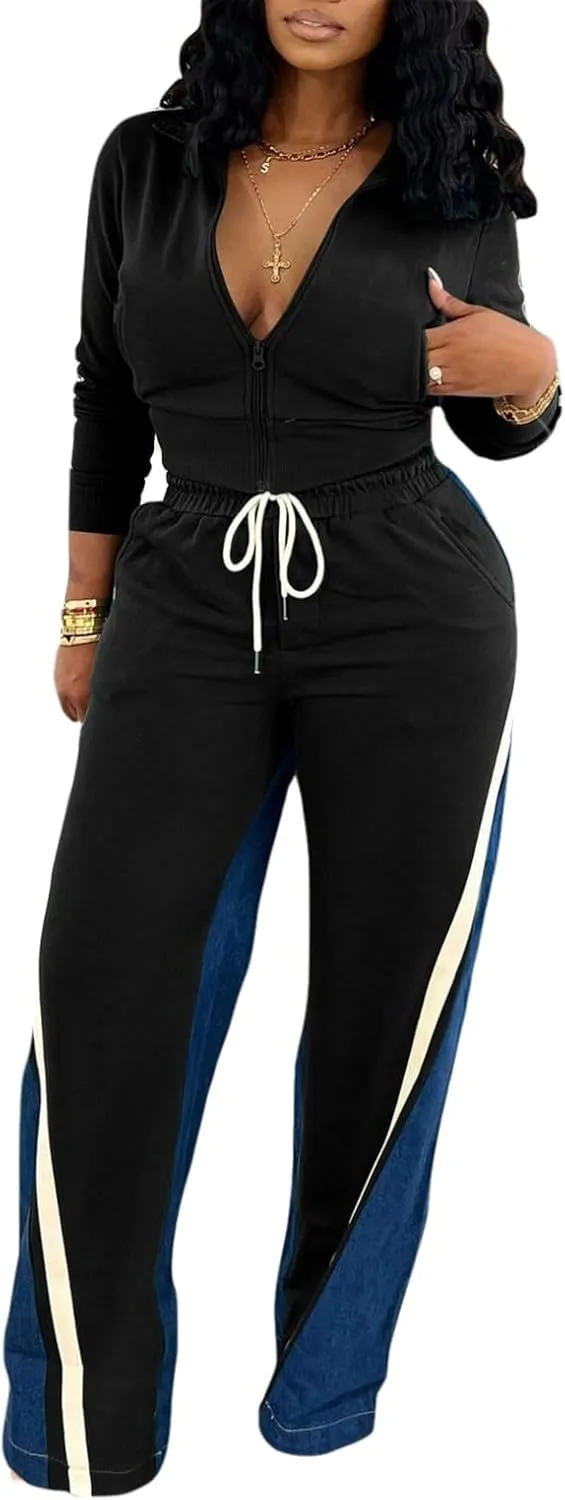 KANSOON 2 Piece Sets for Women Fall Tracksuit Outfits Long Sleeve Striped Zip Up Jacket Denim Patchwork Pants Lounge Set