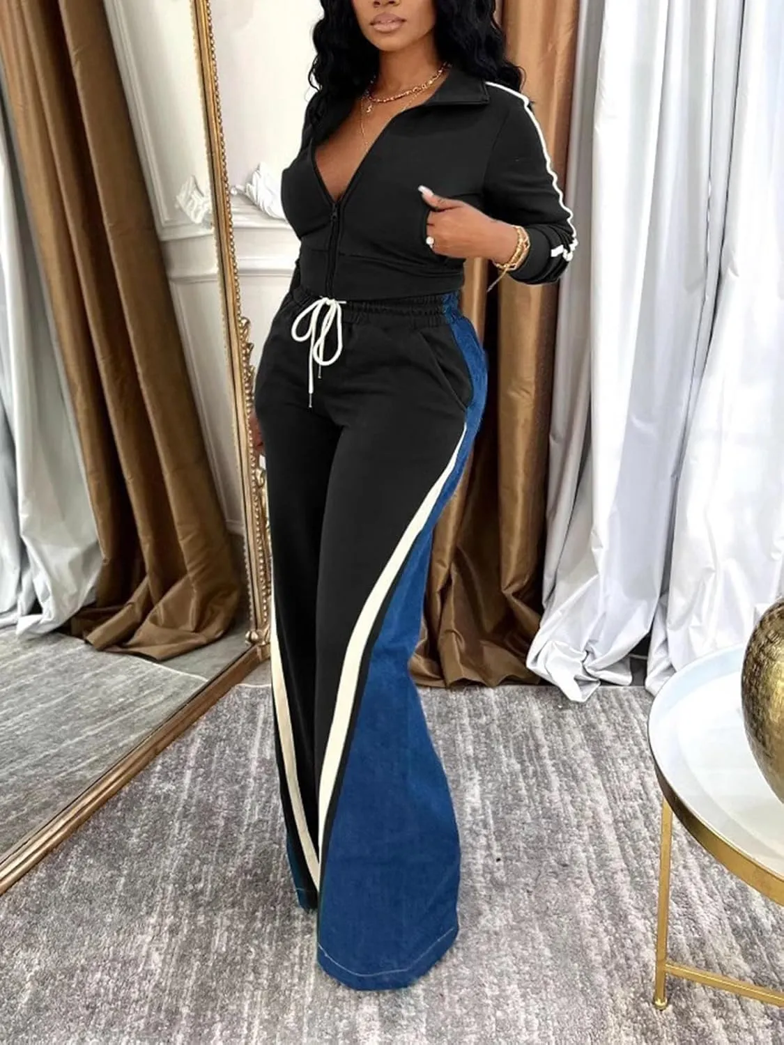 KANSOON 2 Piece Sets for Women Fall Tracksuit Outfits Long Sleeve Striped Zip Up Jacket Denim Patchwork Pants Lounge Set