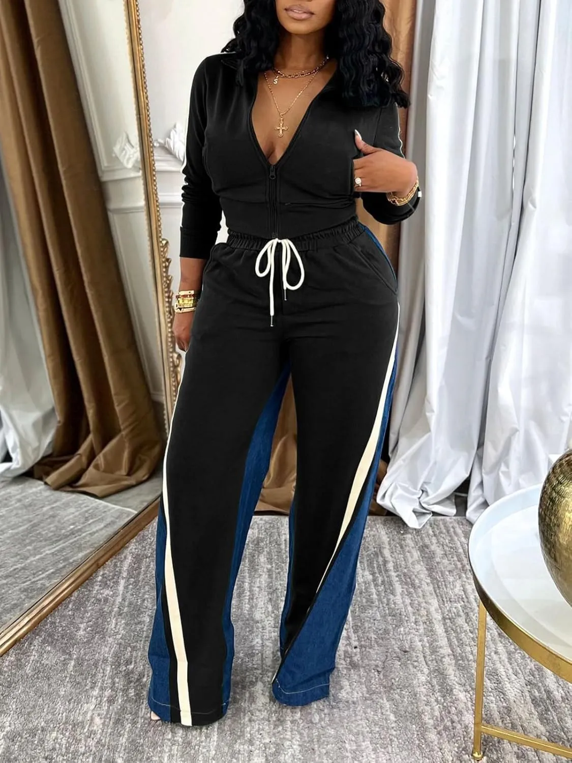 KANSOON 2 Piece Sets for Women Fall Tracksuit Outfits Long Sleeve Striped Zip Up Jacket Denim Patchwork Pants Lounge Set