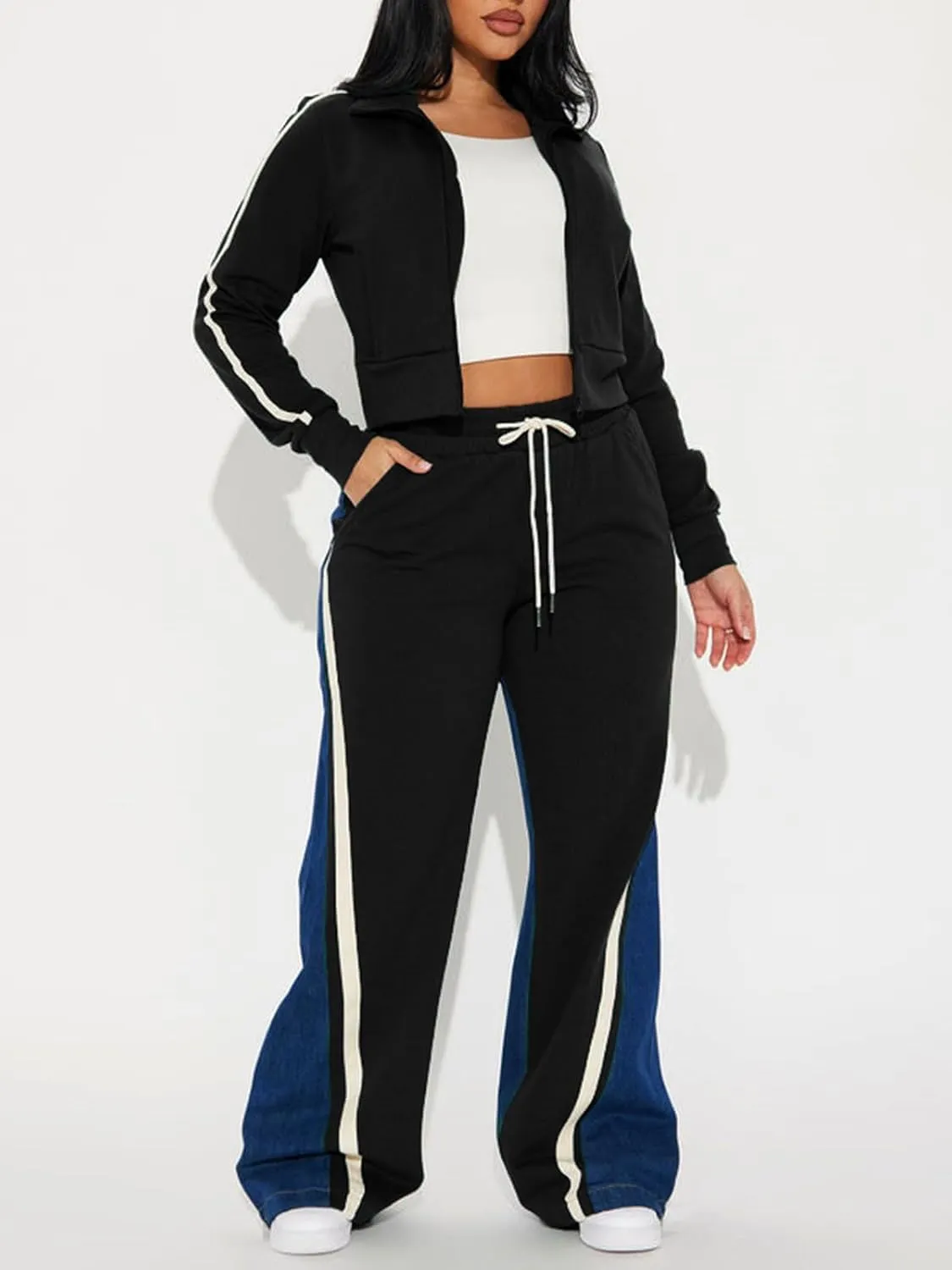 KANSOON 2 Piece Sets for Women Fall Tracksuit Outfits Long Sleeve Striped Zip Up Jacket Denim Patchwork Pants Lounge Set