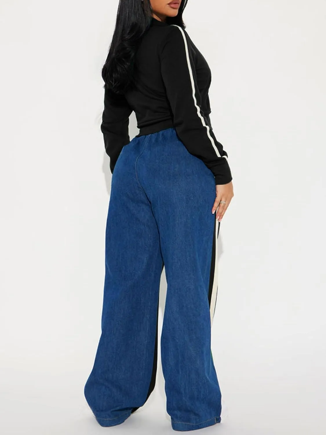 KANSOON 2 Piece Sets for Women Fall Tracksuit Outfits Long Sleeve Striped Zip Up Jacket Denim Patchwork Pants Lounge Set