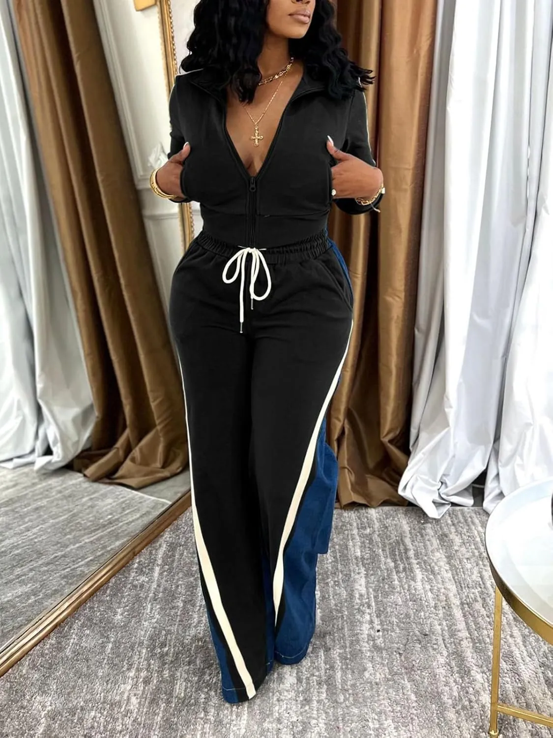 KANSOON 2 Piece Sets for Women Fall Tracksuit Outfits Long Sleeve Striped Zip Up Jacket Denim Patchwork Pants Lounge Set