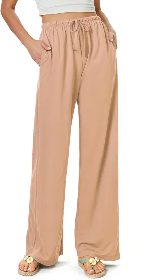 keriffe Women's Flowy Wide Leg Pants Casual Beach Pants High Waisted Drawstring Palazzo Trousers with Pockets