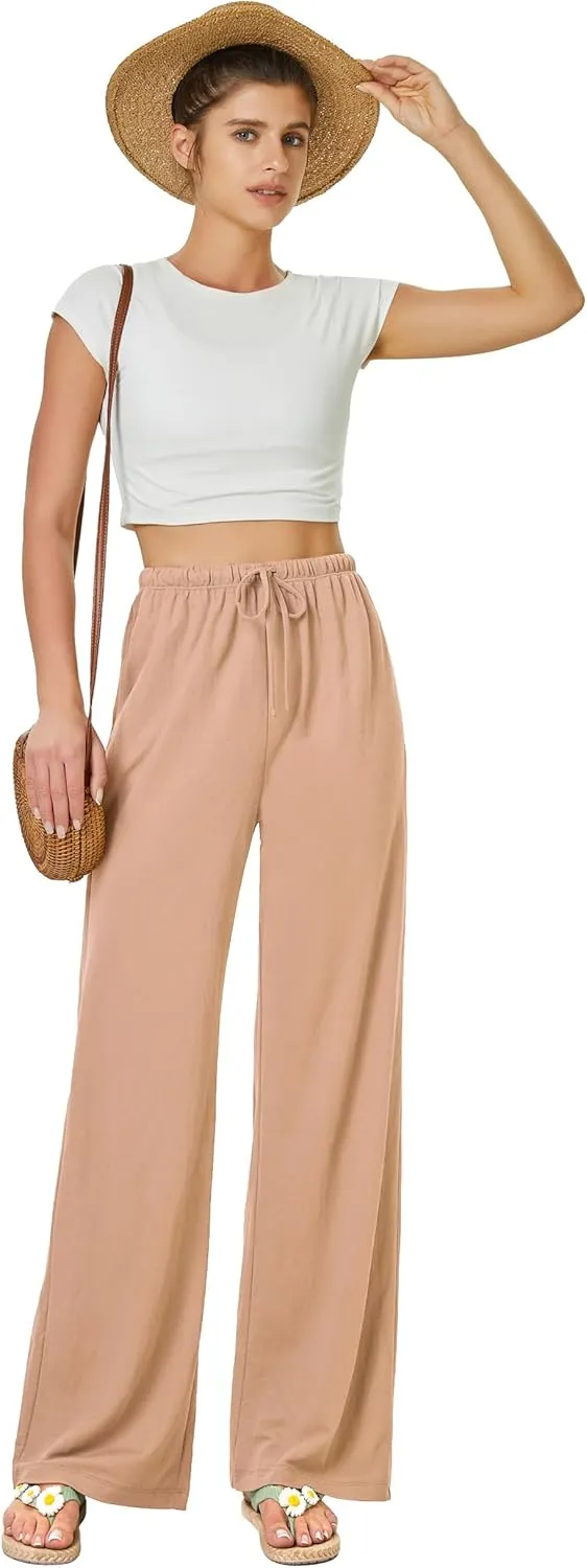 keriffe Women's Flowy Wide Leg Pants Casual Beach Pants High Waisted Drawstring Palazzo Trousers with Pockets
