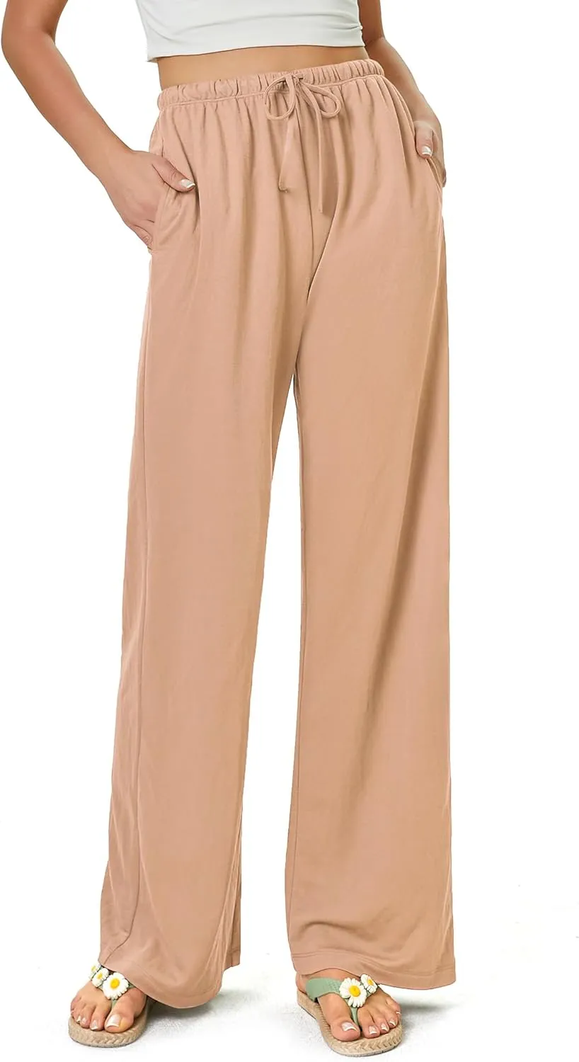 keriffe Women's Flowy Wide Leg Pants Casual Beach Pants High Waisted Drawstring Palazzo Trousers with Pockets