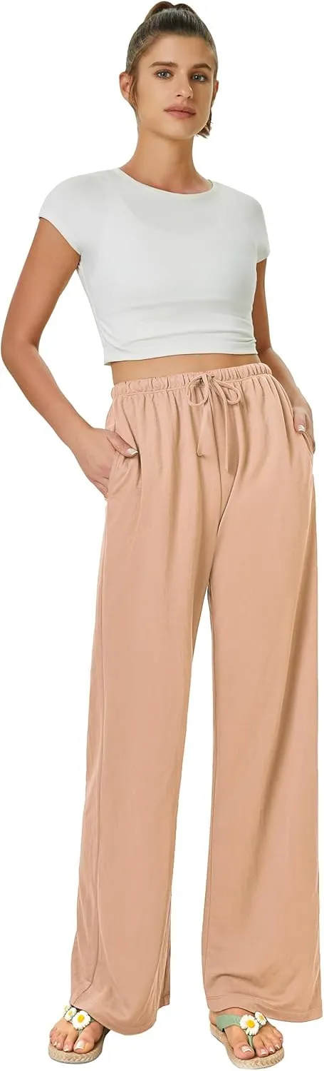 keriffe Women's Flowy Wide Leg Pants Casual Beach Pants High Waisted Drawstring Palazzo Trousers with Pockets